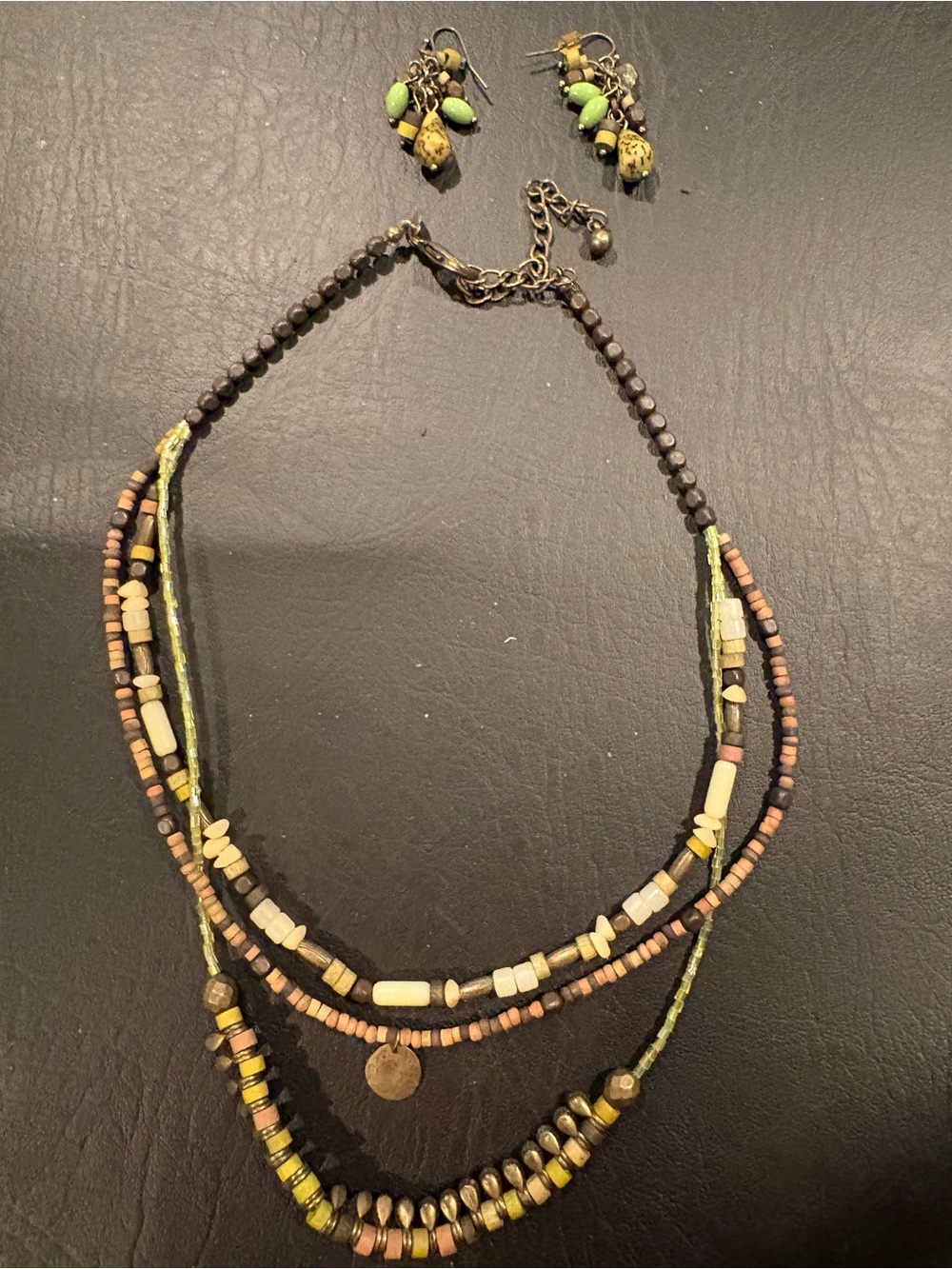 Multi-Strand Beaded Necklace with Green Accent Earrings - Women's Jewelry